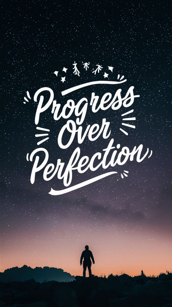 An uplifting poster with "Progress over perfection" in inspiring lettering. Use symbolic graphics related to progress.