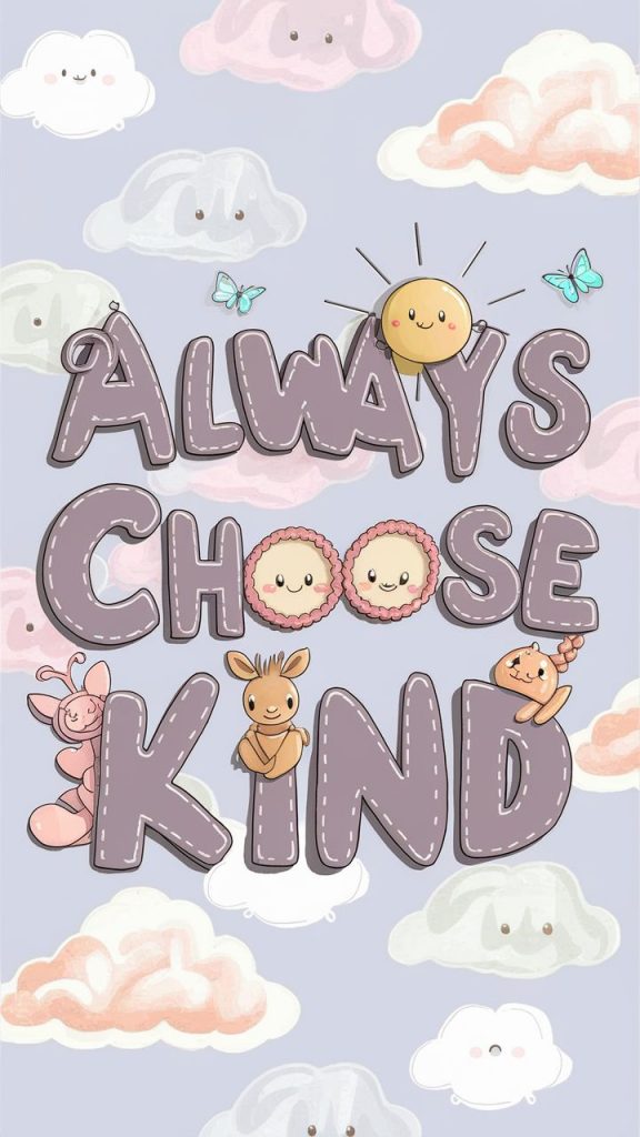 An uplifting poster with the saying "Always choose kind" in a whimsical font. Include cute graphics related to kindness.