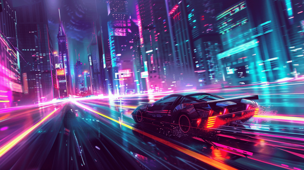 A car driving on the road in front of tall buildings, a cyberpunk cityscape with a futuristic skyline, neon lights and vibrant colors in the style of digital art --ar 16:9