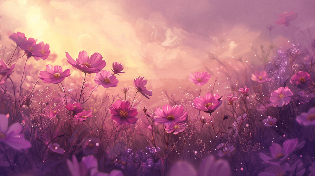 A field of cosmos flowers in full bloom, with the sun setting behind them. The sky is painted in the style of soft pastel hues of pink and purple, creating an ethereal atmosphere. --ar 16:9