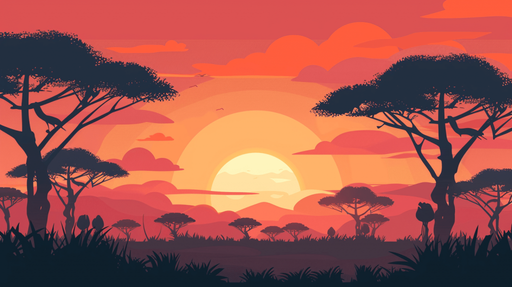 A flat vector illustration of an African landscape with the sun setting in the background, simple shapes, bold colors --ar 16:9
