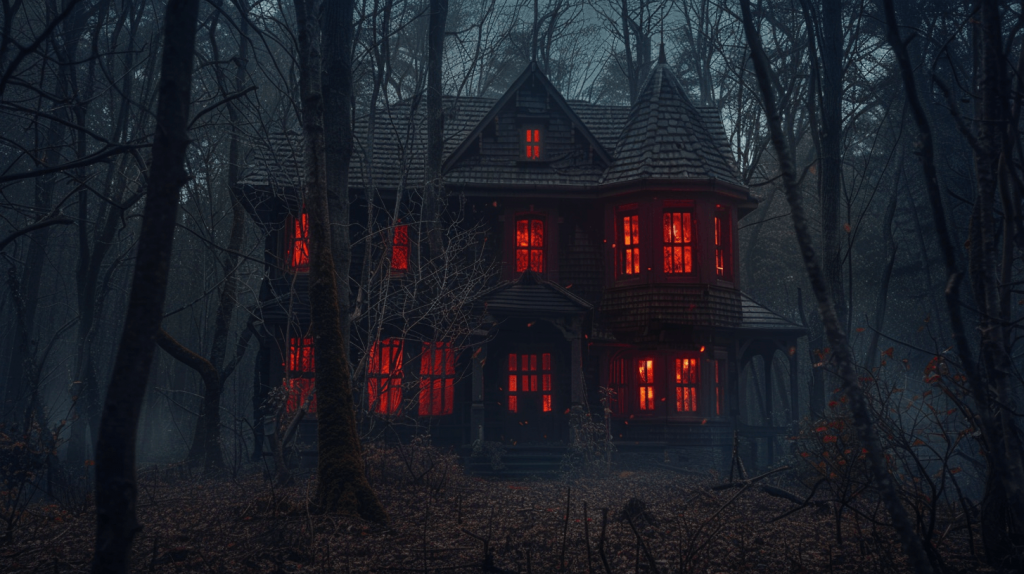A haunted house in the woods at night with black walls and windows glowing red, surrounded by dark trees, with moonlight --ar 16:9