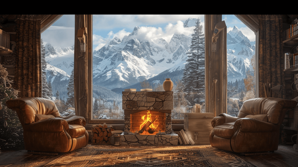 Cozy cabin interior with a crackling fireplace, plush armchairs, and a view of snowy mountains through the window, --ar 16:9