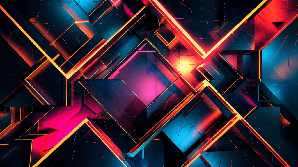 Dark background, colorful geometric shapes with black edges, neon lighting, high contrast, abstract art style, high resolution, high detail, --ar 16:9