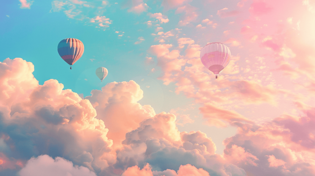 Dreamy pastel sky with fluffy clouds and hot air balloons, whimsical --ar 16:9