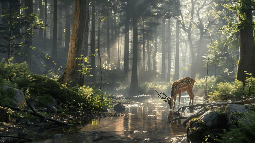 Misty forest with sunbeams filtering through the trees, a deer drinking from a stream, photorealistic --ar 16:9