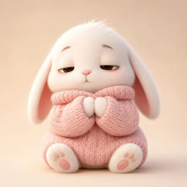 Create a cute 3D character illustration of a small white bunny sitting upright with its paws folded together, wearing an oversized pastel pink knitted sweater. The bunny has sleepy half-closed eyes, droopy ears, and a tiny pink nose. Soft creamy background. Use aspect ratio 1:1.