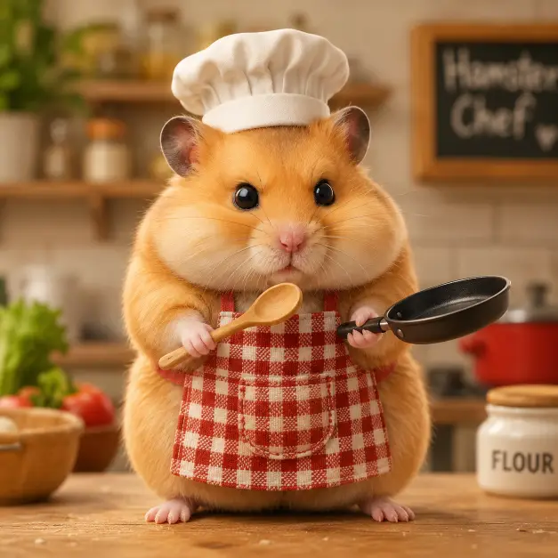 Create a cute 3D character illustration of a chubby golden hamster standing on its hind legs, holding a tiny frying pan in one paw and a small wooden spoon in the other. It's wearing a white chef's hat and a tiny red checkered apron. Focused expression with puffed cheeks. Blurred kitchen background. Use aspect ratio 1:1.