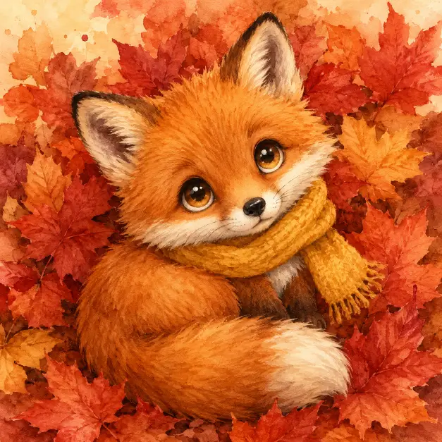 Create a cute watercolor illustration of a baby fox cub sitting curled up in a pile of red and orange autumn leaves. Its fluffy tail wraps around its body. The fox is wearing a small mustard yellow scarf around its neck. Big amber eyes looking up. Use aspect ratio 1:1.