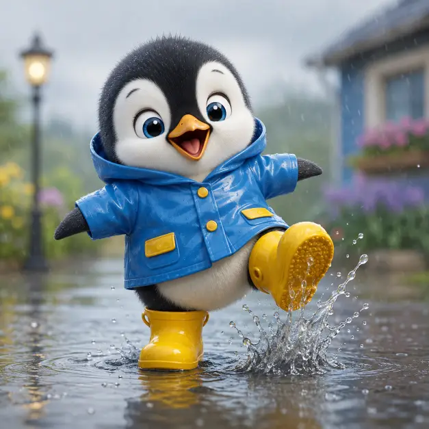 Create a cute 3D character illustration of a baby penguin standing in a small puddle, wearing oversized bright yellow rain boots and a tiny blue raincoat. One foot is mid-stomp, splashing water. Wide-eyed delighted expression with a tiny open beak. Use aspect ratio 1:1.