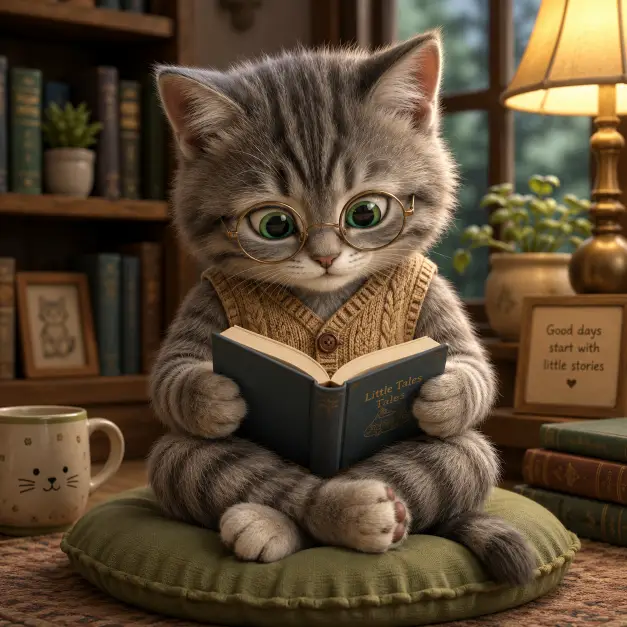 Create a cute 3D character illustration of a fluffy gray tabby kitten sitting cross-legged on a cushion, holding a small open book between its paws. The kitten is wearing tiny round reading glasses and a tan knitted vest. Focused green eyes looking down at the book. Use aspect ratio 1:1.