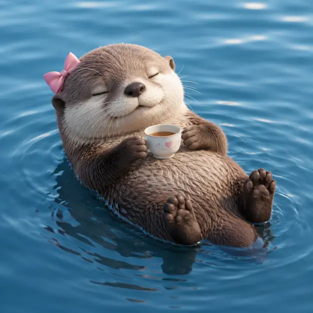 Create a cute 3D character illustration of a small otter floating on its back in calm blue water, holding a tiny white teacup balanced on its belly with both paws. The otter has a tiny pink bow behind one ear. Relaxed sleepy expression. Use aspect ratio 1:1.