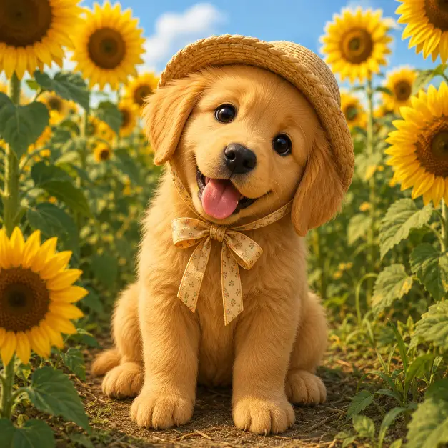 Create a cute 3D character illustration of a small golden retriever puppy sitting in a field of tall sunflowers, head tilted with floppy ears and a wide happy smile with its tongue sticking out. The puppy is wearing a small straw sunhat with a ribbon tied under its chin. Use aspect ratio 1:1.