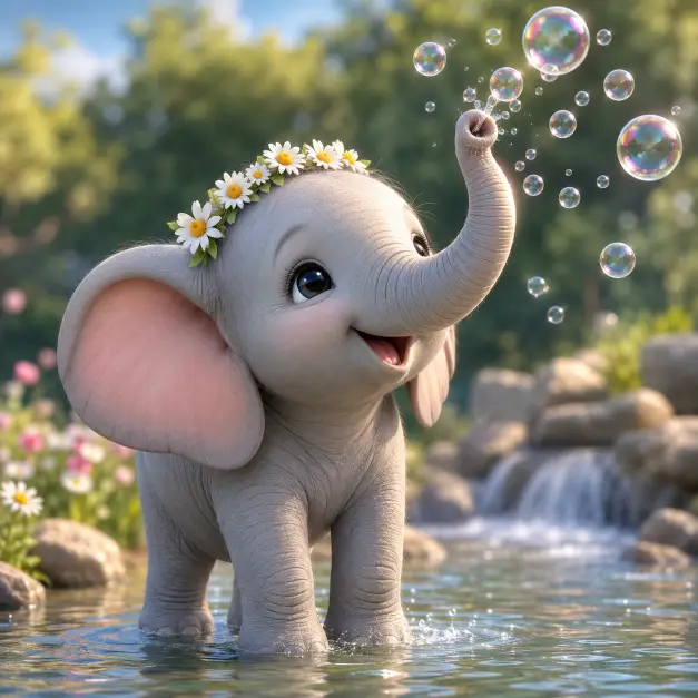 Create a cute 3D character illustration of a baby elephant standing in shallow water, lifting its trunk upward to blow soap bubbles into the air. Soft gray skin, pink-tinted ears, big dark eyes with long lashes. A small daisy flower crown on its head. Use aspect ratio 1:1.