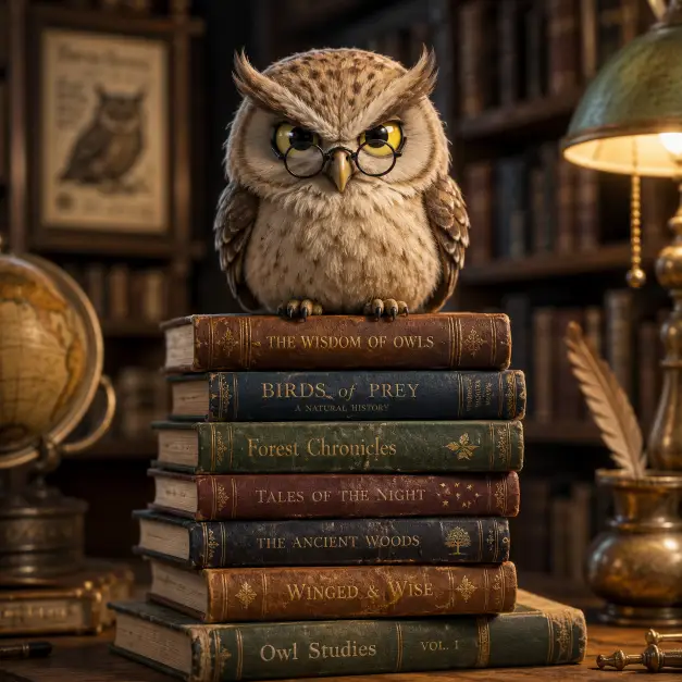 Create a cute 3D character illustration of a small round owl perched on top of a tall stack of vintage hardcover books. The owl has fluffy beige and brown feathers, big round yellow eyes, and tiny black wire-rimmed glasses on its beak. Wise grumpy expression. Use aspect ratio 1:1.