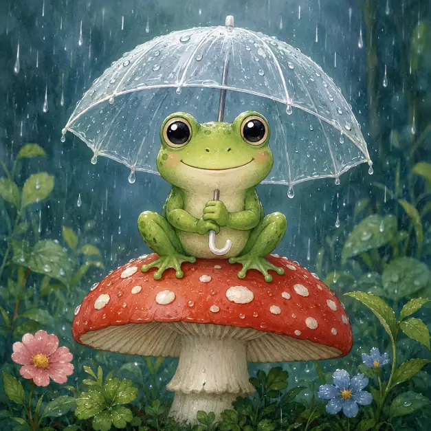 Create a cute storybook illustration of a small green frog sitting on top of a red and white spotted mushroom, holding a tiny clear umbrella above its head with both webbed hands. Raindrops falling around it. Big round eyes and a soft happy smile. Use aspect ratio 1:1.