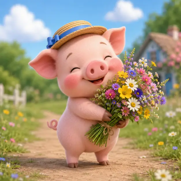 Create a cute 3D character illustration of a small pink piglet standing on its hind legs, holding a large bouquet of colorful wildflowers in its front hooves. Rosy cheeks, tiny curly tail, and a small straw boater hat with a blue ribbon. Sweet happy expression with closed eyes. Use aspect ratio 1:1.