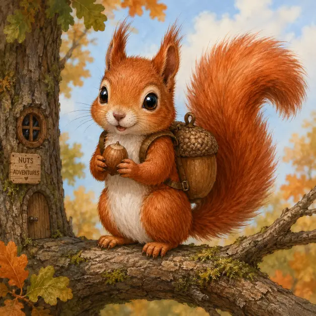 Create a cute storybook illustration of a small red squirrel standing upright on a tree branch, wearing a tiny brown backpack shaped like an acorn. The squirrel is holding a single nut between its front paws. Bright curious eyes and a bushy tail curled up behind it. Use aspect ratio 1:1.