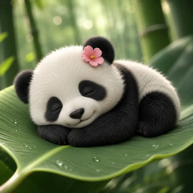 Create a cute 3D character illustration of a tiny baby panda curled up asleep on a large bamboo leaf, paws tucked under its chin. Fluffy black and white fur, closed peaceful eyes, tiny smile. A small pink flower tucked behind one ear. Use aspect ratio 1:1.