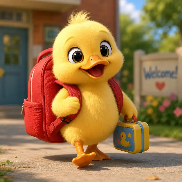 Create a cute 3D character illustration of a tiny yellow duckling standing upright, wearing a red backpack much bigger than itself and holding a small lunchbox in one wing. Wide excited eyes and an open beak in a tiny smile. One foot stepping forward. Use aspect ratio 1:1.