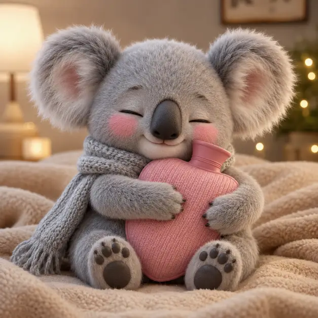 Create a cute 3D character illustration of a small fluffy koala sitting on a soft beige blanket, hugging a pink heart-shaped hot water bottle tightly against its chest. Big round black eyes, a large fuzzy nose, and rosy cheeks. Wearing a tiny knitted gray scarf. Sleepy content expression. Use aspect ratio 1:1.
