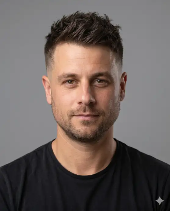 Create a realistic portrait using the uploaded photo, keeping the same face and skin tone unchanged. Change only the hairstyle to a mid fade with a short, spiky textured top and clean fading at the sides. The color is a natural dark shade. The person faces the camera with a relaxed expression. Shoot at eye level with bright, even studio lighting and a neutral background. Maintain photorealistic detail and keep facial features identical. Use aspect ratio 4:5.
