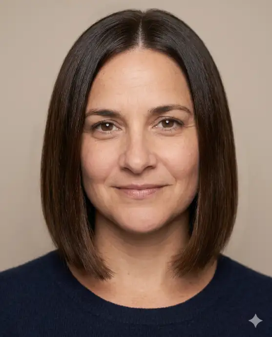 Create a realistic portrait using the uploaded photo, keeping the same face and features unchanged. Change only the hairstyle to a sleek, straight bob that ends right at the jawline with a precise, blunt cut. The hair is glossy dark brown with a smooth finish and a center part. The person looks directly at the camera with a calm, confident expression. Use eye-level framing with soft diffused lighting and a neutral beige background. Keep skin tone and facial features identical to the original. Use aspect ratio 4:5.