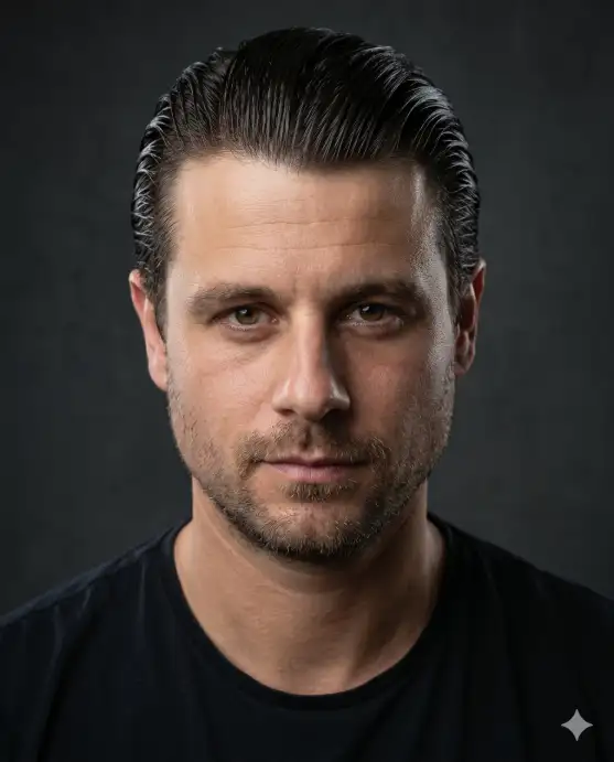 Create a realistic portrait using the uploaded photo, keeping the face and features identical. Change only the hairstyle to a slicked-back wet look with hair combed straight back off the face and a polished, glossy finish. The color stays a deep dark shade. The person looks at the camera with a confident, intense expression. Use eye-level framing with dramatic soft studio lighting and a dark neutral background. Keep the face unchanged and the result fully photorealistic. Use aspect ratio 4:5.