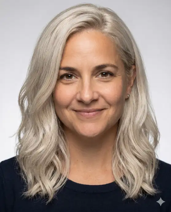 Create a realistic portrait using the uploaded photo, keeping the same face, eyes, and skin tone exactly. Change only the hair to a cool platinum blonde shade with shoulder-length, softly layered waves. The person looks at the camera with a calm, confident expression. Shoot at eye level with soft, flattering studio lighting and a light-gray background. Keep all facial features unchanged and the hair texture photorealistic. Use aspect ratio 4:5.
