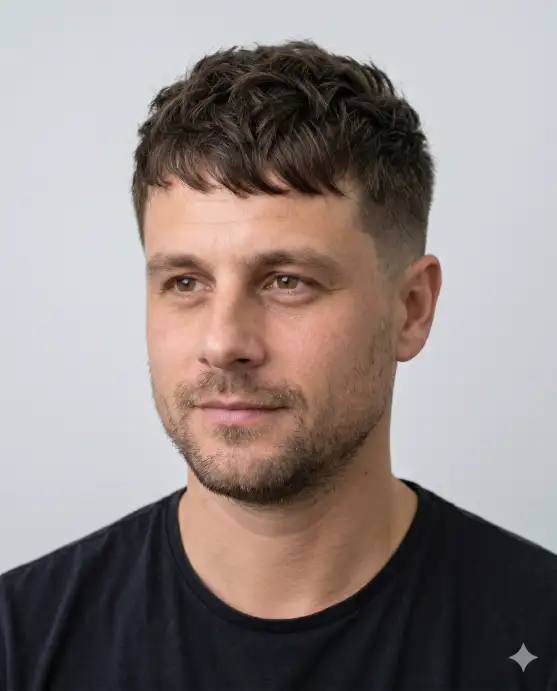 Create a realistic portrait using the uploaded photo, keeping the face and features unchanged. Change only the hairstyle to a textured crop with short, choppy layers on top, a subtle fringe, and faded sides. The color is a natural dark brown. The person looks slightly off-camera with a relaxed expression. Use eye-level framing with soft, even lighting and a clean light-gray background. Maintain photorealistic hair detail and keep the face identical to the original. Use aspect ratio 4:5.