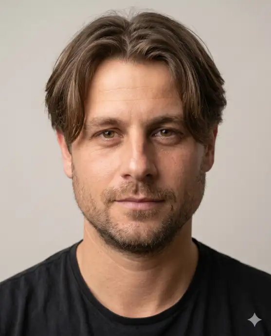 Create a realistic portrait using the uploaded photo, keeping the same face and skin tone unchanged. Change only the hairstyle to a curtain cut with a soft middle part that sweeps gently to each side and falls just past the eyebrows. The color is a natural brown. The person faces the camera with a relaxed, cool expression. Shoot at eye level with soft, even lighting and a clean background. Maintain photorealistic detail and keep facial features identical. Use aspect ratio 4:5.