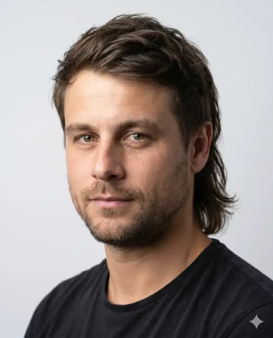 Create a realistic portrait using the uploaded photo, keeping the face and features identical. Change only the hairstyle to a modern layered mullet with shorter textured layers on top and at the sides, and longer length at the back. The color is a natural dark brown. The person is angled slightly with a cool, relaxed expression. Use eye-level framing with soft studio lighting and a clean light-gray background. Keep the face unchanged and the result photorealistic. Use aspect ratio 4:5.