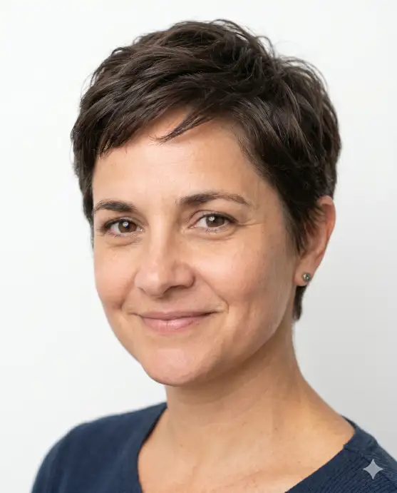 Create a realistic portrait using the uploaded photo, keeping the same face, eyes, and skin tone exactly. Change only the hairstyle to a short, textured pixie cut with soft layers on top and tapered sides. The color stays a natural dark shade. The person is angled slightly with a soft, natural smile. Shoot at eye level with bright, flattering studio lighting and a plain white background. Maintain photorealistic detail in the hair texture and keep all facial features unchanged. Use aspect ratio 4:5.