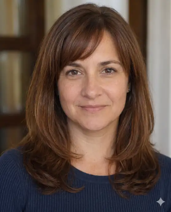 Create a realistic portrait using the uploaded photo, keeping the same face and skin tone unchanged. Change only the hairstyle to a layered cut with soft side-swept bangs and gentle layers falling around the shoulders. The color is a warm chestnut brown. The person faces forward with a soft, friendly expression. Shoot at eye level with soft natural light and a blurred neutral background. Maintain photorealistic detail and keep facial features identical. Use aspect ratio 4:5.