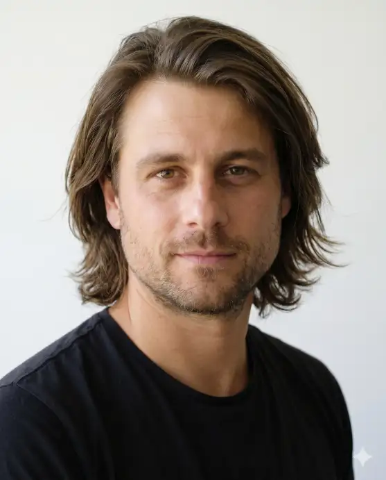 Create a realistic portrait using the uploaded photo, keeping the same face, eyes, and skin tone exactly. Change only the hairstyle to long, layered hair with natural flow that falls to around the jaw and neck with soft movement. The color is a natural medium brown. The person is angled slightly with a relaxed expression. Shoot at eye level with soft daylight and a clean light background. Keep all facial features unchanged and the result photorealistic. Use aspect ratio 4:5.