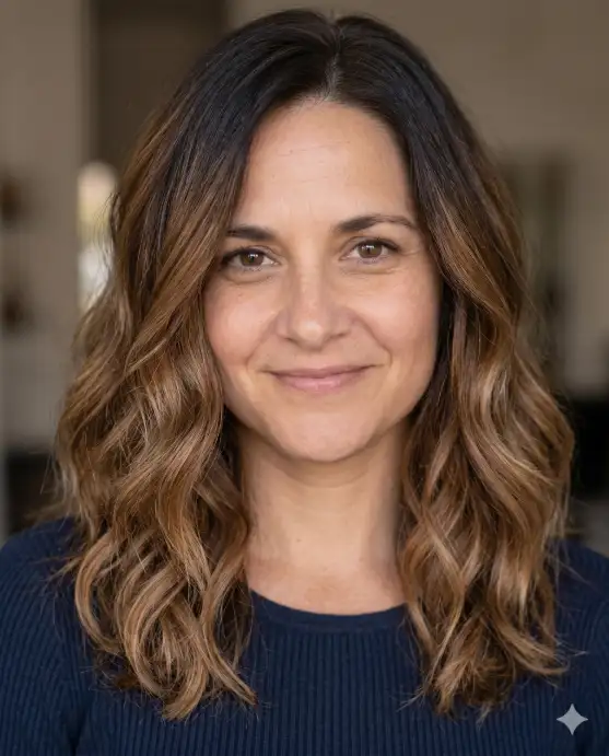 Create a realistic portrait using the uploaded photo, keeping the face and features exactly the same. Change only the hair to shoulder-length waves with balayage highlights that blend from a dark brown root into soft caramel and honey tones toward the ends. The person faces the camera with a soft, content expression. Use eye-level framing with warm, soft lighting and a blurred neutral background. Keep the skin tone and face identical to the original and the result fully photorealistic. Use aspect ratio 4:5.