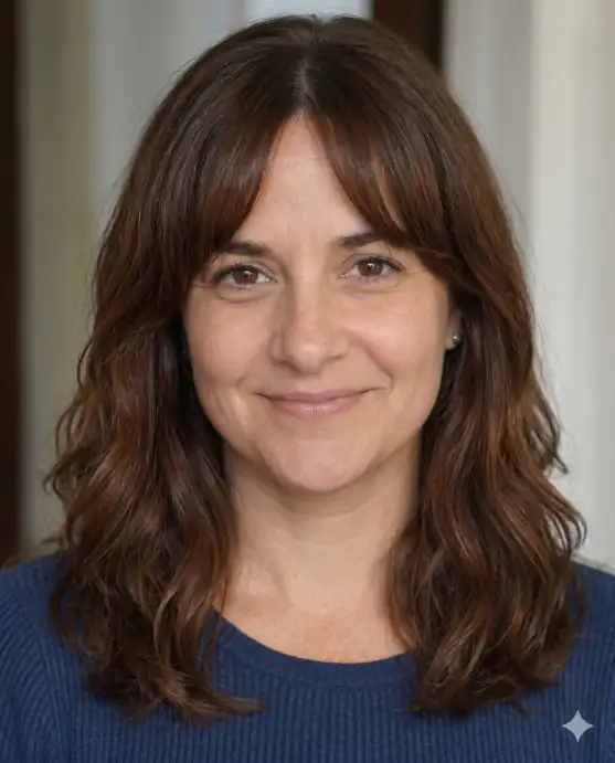 Create a realistic portrait using the uploaded photo, keeping the face and features exactly the same. Change only the hairstyle to medium-length hair with soft curtain bangs that part in the middle and sweep gently to each side. The hair is a rich chestnut brown with loose, natural waves. The person faces forward with a warm, friendly expression. Use eye-level framing, soft natural window light, and a blurred neutral indoor background. Keep the result photorealistic and the face identical to the original. Use aspect ratio 4:5.