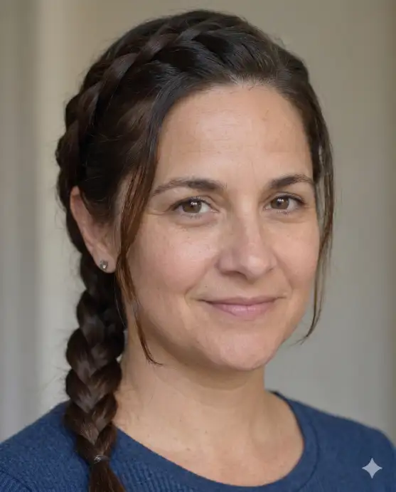 Create a realistic portrait using the uploaded photo, keeping the same face, eyes, and skin tone exactly. Change only the hairstyle to a French braid starting from the crown and running back along the head, neat and evenly woven with a few soft loose strands near the face. The color stays a natural brown. The person faces the camera with a gentle, calm expression. Shoot at eye level with soft natural light and a blurred neutral background. Keep all facial features unchanged and the result photorealistic. Use aspect ratio 4:5.