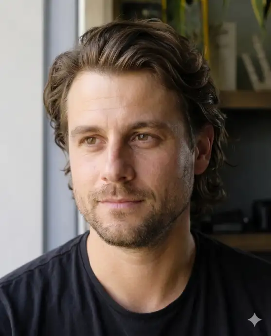 Create a realistic portrait using the uploaded photo, keeping the face and features the same. Change only the hairstyle to medium-length wavy hair pushed back naturally off the forehead with soft movement and texture. The color is a warm medium brown. The person looks slightly off-camera with an easy, confident expression. Use eye-level framing with soft natural light and a softly blurred background. Keep the face identical and the result photorealistic. Use aspect ratio 4:5.