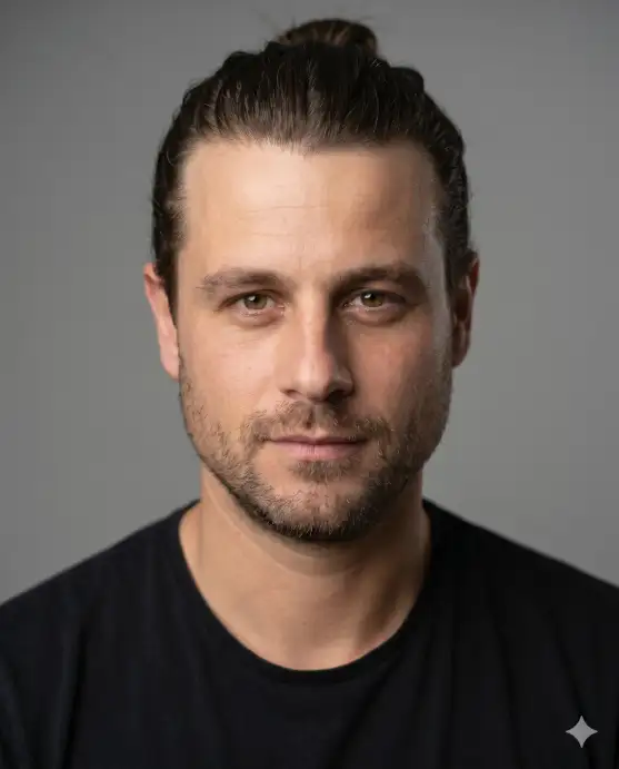 Create a realistic portrait using the uploaded photo, keeping the face and features exactly the same. Change only the hairstyle to a long man bun with hair pulled back neatly into a tied bun and a clean hairline at the front. The color stays a natural dark brown. The person faces the camera with a calm, confident expression. Use eye-level framing with soft studio lighting and a clean neutral background. Keep the face identical and the result photorealistic. Use aspect ratio 4:5.