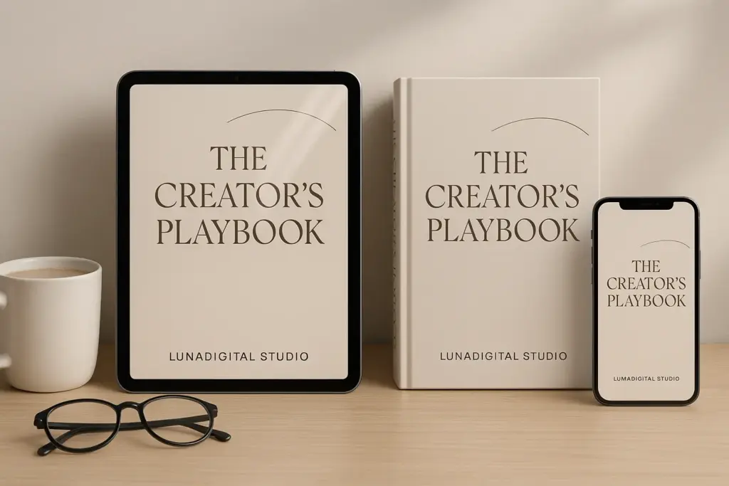 Create a high-end eBook mockup for "The Creator's Playbook" by LunaDigital Studio. Show the eBook displayed on an iPad, a hardcover version beside it, and a smartphone screen in the frame, all placed on a minimal wooden desk setup. Use soft daylight, neutral tones (beige, gray, white), and subtle shadows. Add light reflections on the screens for realism. Include a coffee cup and a pair of glasses to make the setup natural but clean.