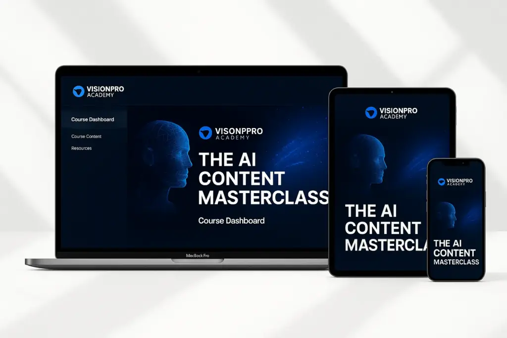 Create a premium digital course mockup for "The AI Content Masterclass" by VisionPro Academy. Display a sleek MacBook showing the course dashboard, with a tablet and smartphone beside it showing matching visuals. Use a clean white background with modern geometric shadows. Add a touch of electric blue accent to give a tech-inspired feel. The layout should look like it belongs on a professional sales page.