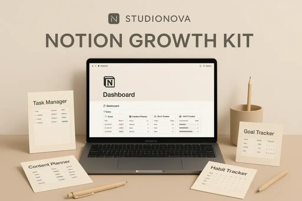 Create a modern mockup for a Notion template bundle named "Notion Growth Kit" by StudioNova. Showcase a MacBook with the Notion dashboard open, surrounded by printed template cards and stationery. Use a pastel beige background with gentle lighting and depth shadows. Add minimal brand logo elements on the top left for polish. The vibe should feel calm, organized, and productivity-driven.