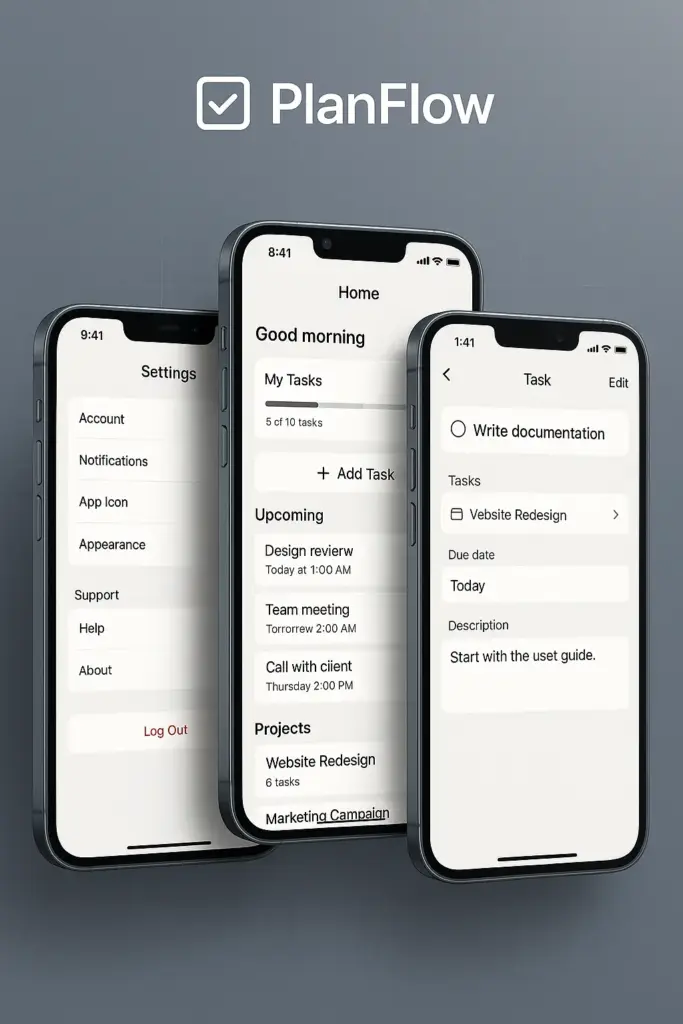 Create a stylish mobile app mockup for "PlanFlow", a productivity and task management app. Show three iPhones arranged in a dynamic overlapping layout, one showing the home dashboard, one with task view, and one with settings. Use a matte gray background with a soft gradient and faint grid texture. Add realistic light reflections, and include the app's logo on the top center. The style should be clean, professional, and app-store-ready.