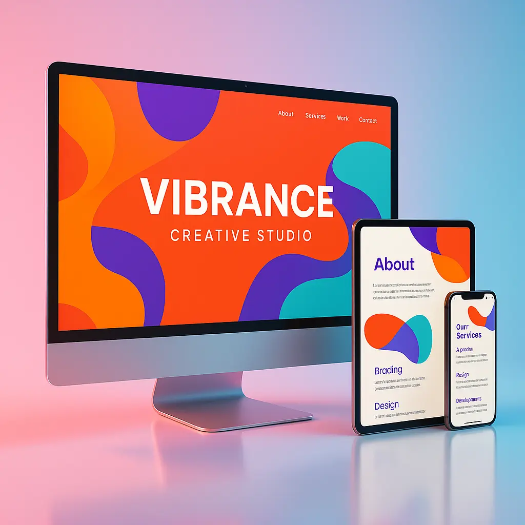 Create a colorful website mockup for "Vibrance Creative Studio". Show a curved iMac screen displaying a bold homepage with abstract shapes in orange, purple, and turquoise. Add a tablet and phone beside it showing inner pages. The background should be a soft gradient transitioning from pink to sky blue. Add glossy reflections and soft lighting for depth. The overall vibe: energetic, professional, and ultra-modern.
