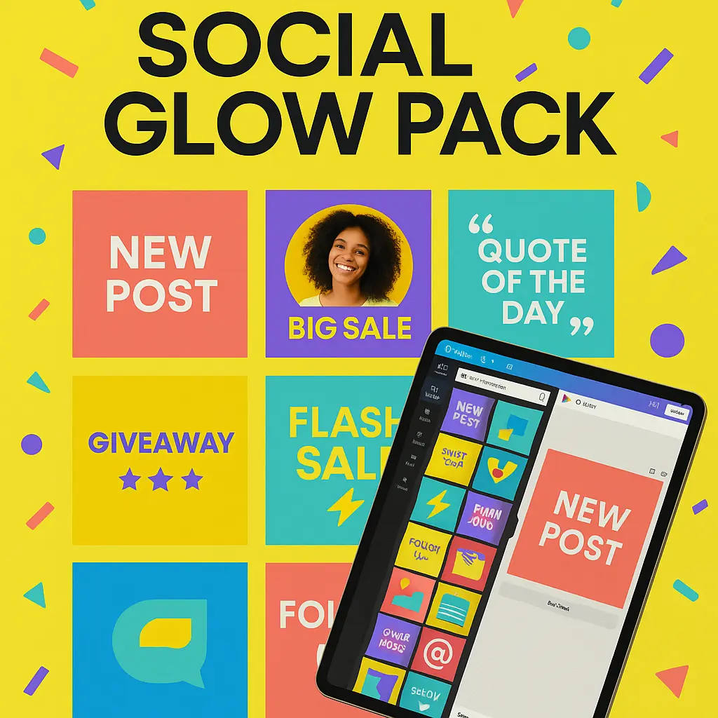 Create a fun and eye-catching Canva template mockup called "Social Glow Pack" by LunaDesign Co.. Display a grid of Instagram post previews in bright colors, coral, violet, turquoise, and lemon yellow. Include a floating iPad showing the Canva editor with the same templates. Add playful confetti or geometric overlays in the background. The scene should look bold, trendy, and perfect for social media marketers.