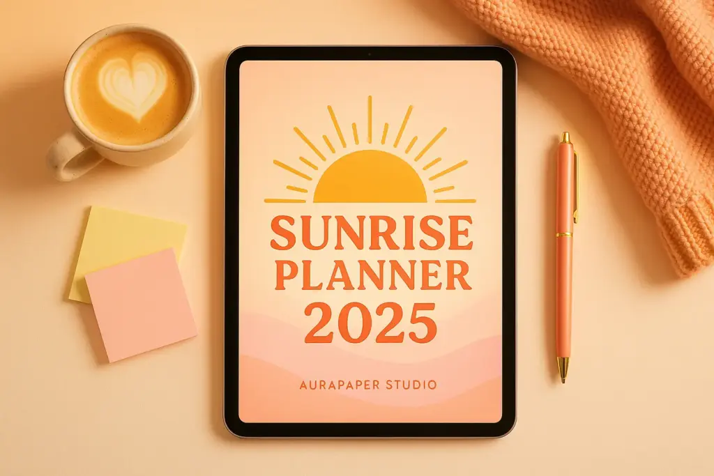 Create a warm, colorful digital planner mockup for "Sunrise Planner 2025" by AuraPaper Studio. Show the planner on an iPad with a golden-orange and pastel pink theme. Surround it with cozy objects like a latte, pen, and sticky notes. Use soft sunrise lighting and a gradient backdrop fading from peach to cream. The mood should be joyful, cozy, and uplifting, perfect for lifestyle bloggers.