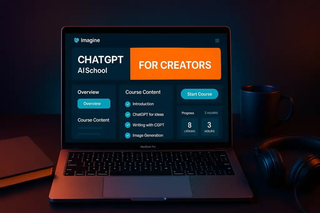 Create a professional yet colorful mockup for "ChatGPT for Creators" by Imagine AI School. Show a laptop displaying the course dashboard with bright cyan and orange interface highlights. Place a notebook, coffee mug, and headphones nearby. Add colorful lighting accents on a dark gradient background. The mockup should feel tech-savvy and creative, ideal for a ChatGPT or AI-related course sales page.
