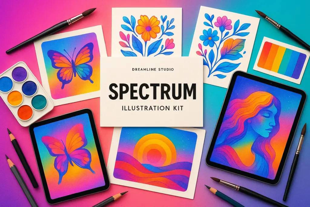Create a stunning mockup for "Spectrum Illustration Kit" by Dreamline Studio. Display digital print sheets and tablet screens showing vivid illustrations with rainbow hues and gradient backgrounds. Scatter watercolor brushes, color palettes, and sketch pencils around. Use a glowing gradient background shifting from magenta to turquoise. The style should be bold, artistic, and visually rich, perfect for Etsy or Gumroad listings.