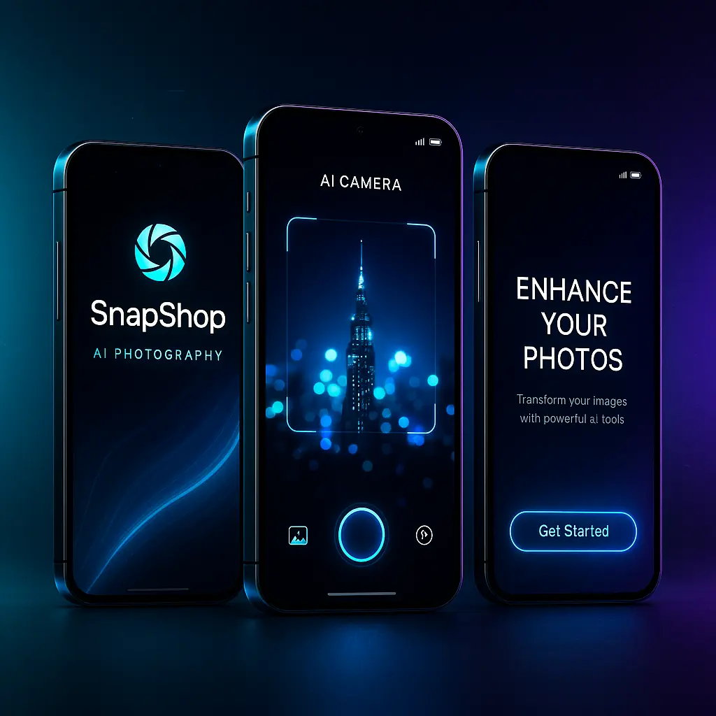 Create a tech-inspired mockup for "SnapShop", an AI photography app. Show three smartphones with dynamic, glowing UI screens on a gradient background blending cyan, black, and electric violet. Add glossy effects and faint digital textures. Make it sleek, futuristic, and eye-catching, perfect for an AI startup presentation.